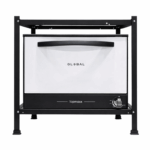 Global gasoven met metalen frame en open ovendeur, vrijstaand model