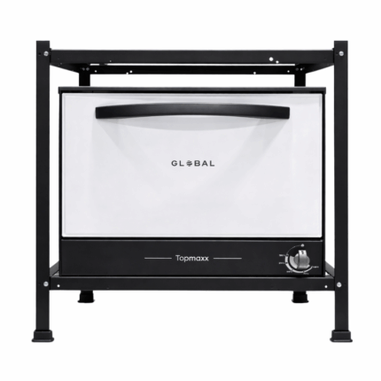 Global gasoven met metalen frame en open ovendeur, vrijstaand model
