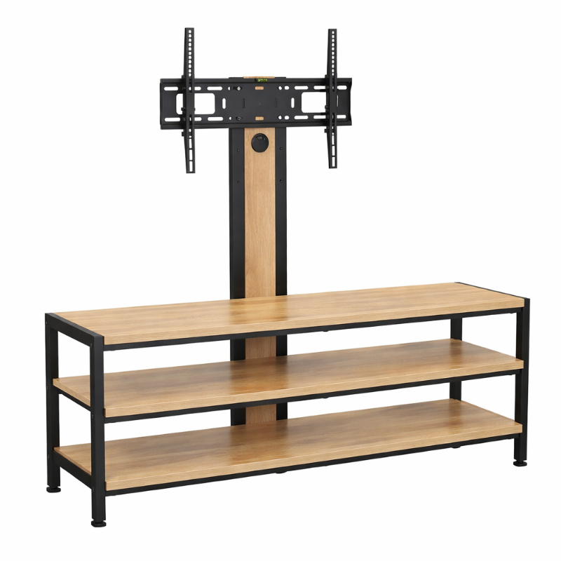 TV-meubel met geïntegreerde tv-beugel en lichte houtlook met zwart metalen frame en 3 planken