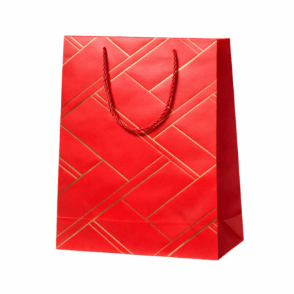Luxe rood cadeautasje met goudlijnen en stevige handvatten. Ideaal voor het stijlvol verpakken van cadeaus voor elke gelegenheid.