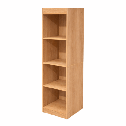 Bruine open boekenkast met 4 compartimenten in houtlook, smal model van 30x30x124 cm voor boeken en opbergen