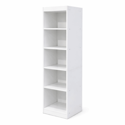 witte open boekenkast met 5compartimenten in houtlook, smal model van 30x30x152 cm voor boeken en opbergen
