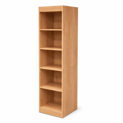 Bruine open boekenkast met 5 compartimenten in houtlook, smal model van 30x30x152 cm voor boeken en opbergen