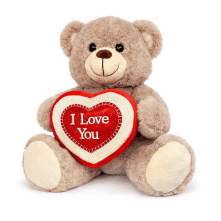 Teddybeer met hartvormige cadeaudoos 30 cm op witte achtergrond