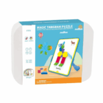 Magnetische tangram puzzel in opbergdoos met kleurrijke vormen en voorbeeldkaarten
