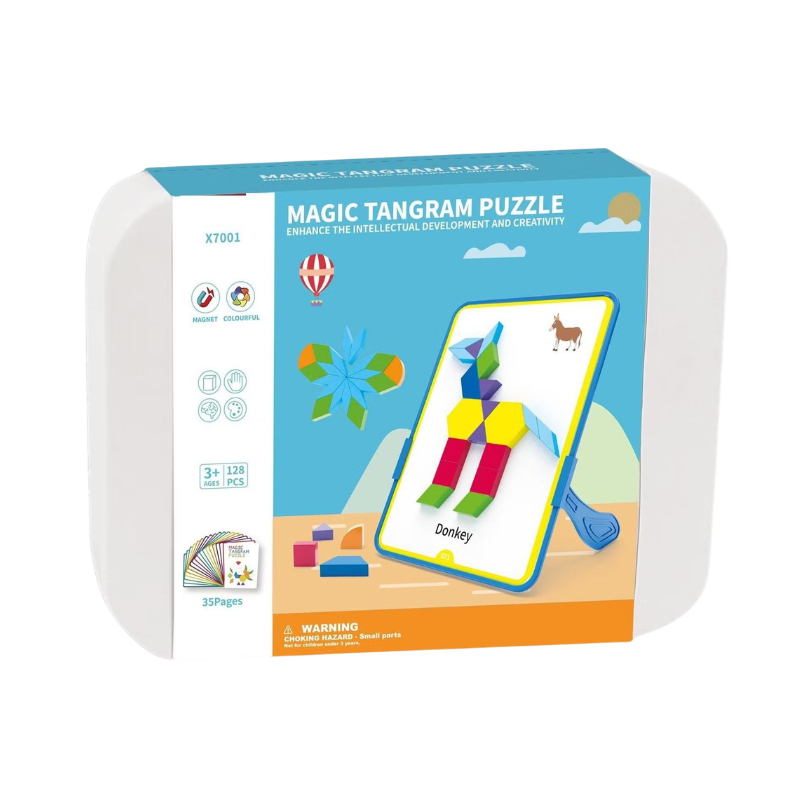 L1120054 Magnetische tangram puzzel in opbergdoos met kleurrijke vormen en voorbeeldkaarten
