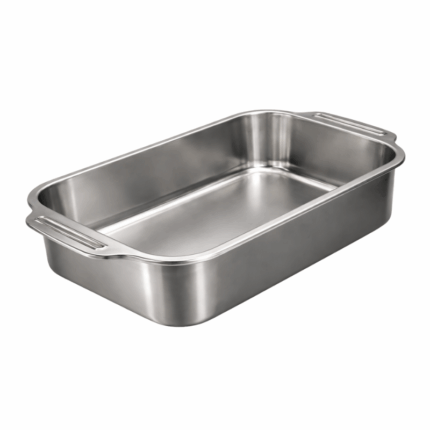 Rechthoekige braadslede van metaal met hoge randen en handgrepen – 30×20×8 cm