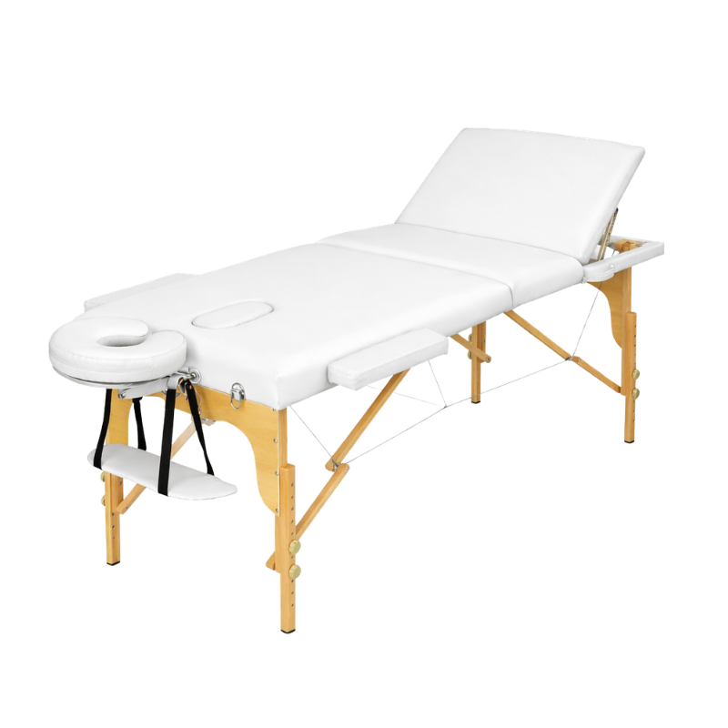 P21420001 Opvouwbare witte massagetafel met verstelbare rugleuning en houten frame