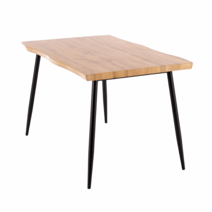 Moderne eettafel met vier stoelen houtlook tafel en grijze zittingen