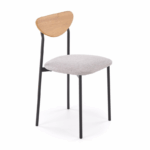 Moderne eettafel met vier stoelen houtlook tafel en grijze zittingen