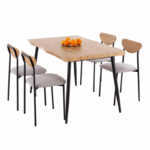 Moderne eettafel met vier stoelen houtlook tafel en grijze zittingen