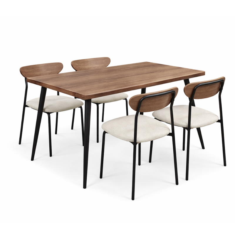 ZF1445 Moderne eettafel met vier stoelen houtlook tafel en crème stoffen zittingen