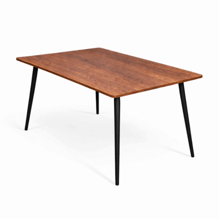 Industriële eettafel met houtlook blad en zes grijze stoelen met zwarte metalen poten