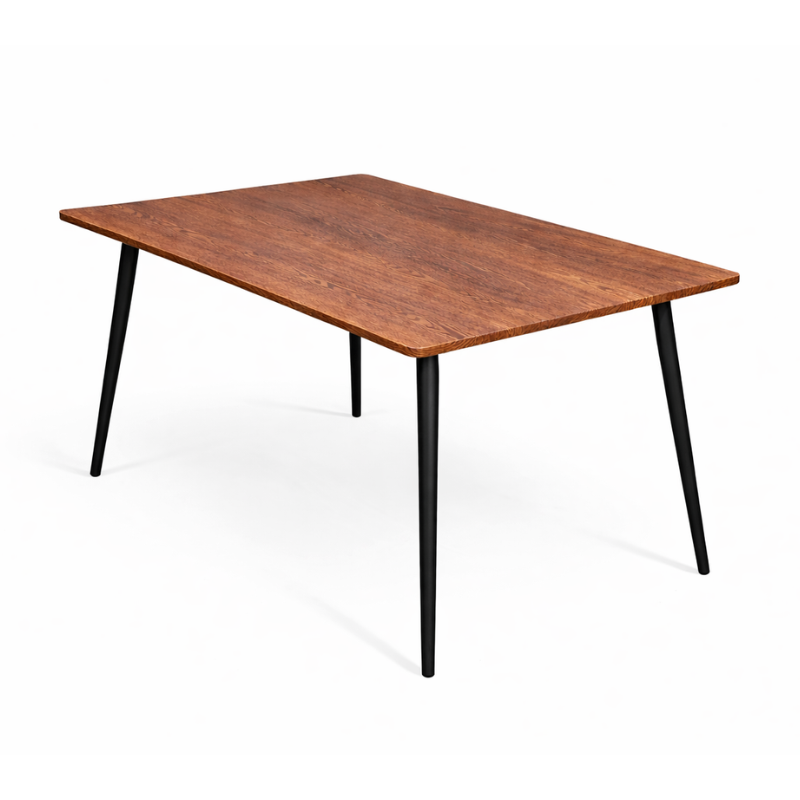 Industriële eettafel met houtlook blad en zes grijze stoelen met zwarte metalen poten