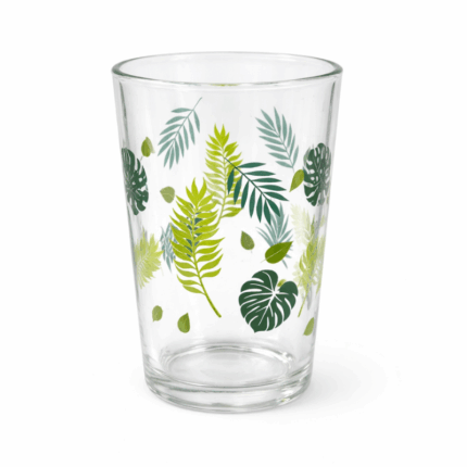 Transparant drinkglas 12 oz met groene botanische bladprint op witte achtergrond
