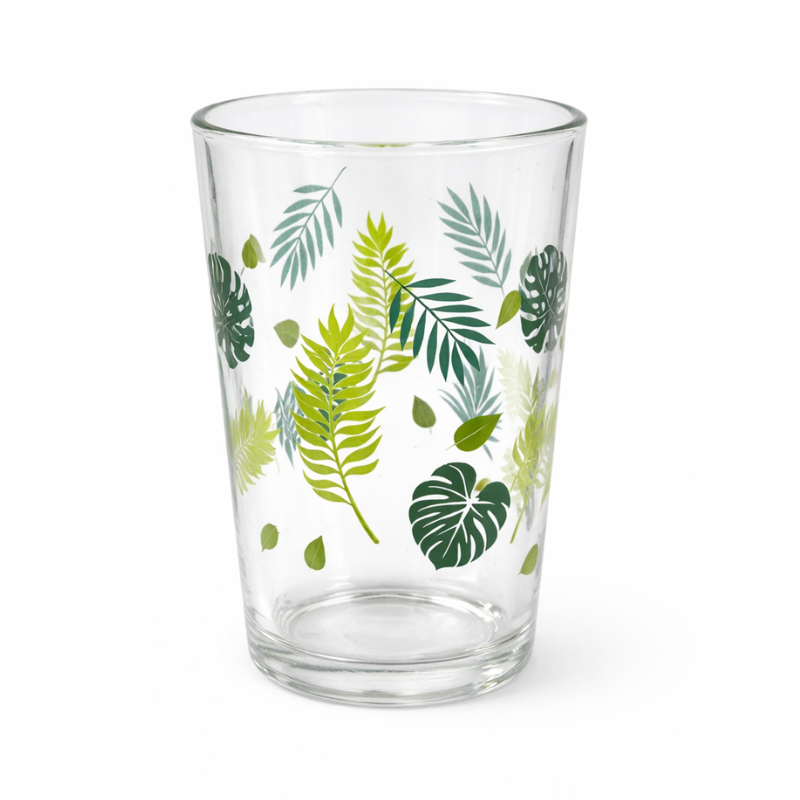 12OZBLKB02 Transparant drinkglas 12 oz met groene botanische bladprint op witte achtergrond
