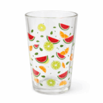 Transparant drinkglas 12 oz met kleurrijke fruitprint van watermeloen en citrus op witte achtergrond