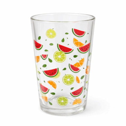 Transparant drinkglas 12 oz met kleurrijke fruitprint van watermeloen en citrus op witte achtergrond