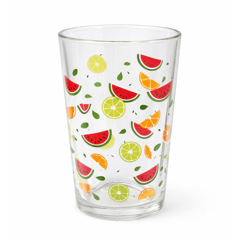 12OZBLKF06 Transparant drinkglas 12 oz met kleurrijke fruitprint van watermeloen en citrus op witte achtergrond