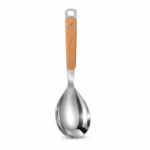 RVS opscheplepel 27 cm met houten handvat en ophangoog.