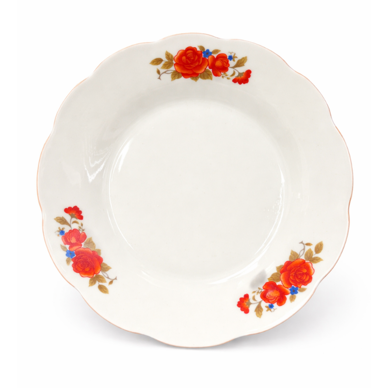 13967 Porseleinen wit diepbord met rode en oranje bloemenprint en sierlijke golvende rand
