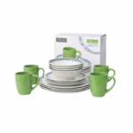 Lotus 16-delige serviesset met groene mokken, witte borden en kommen met blauw patroon inclusief verpakking.