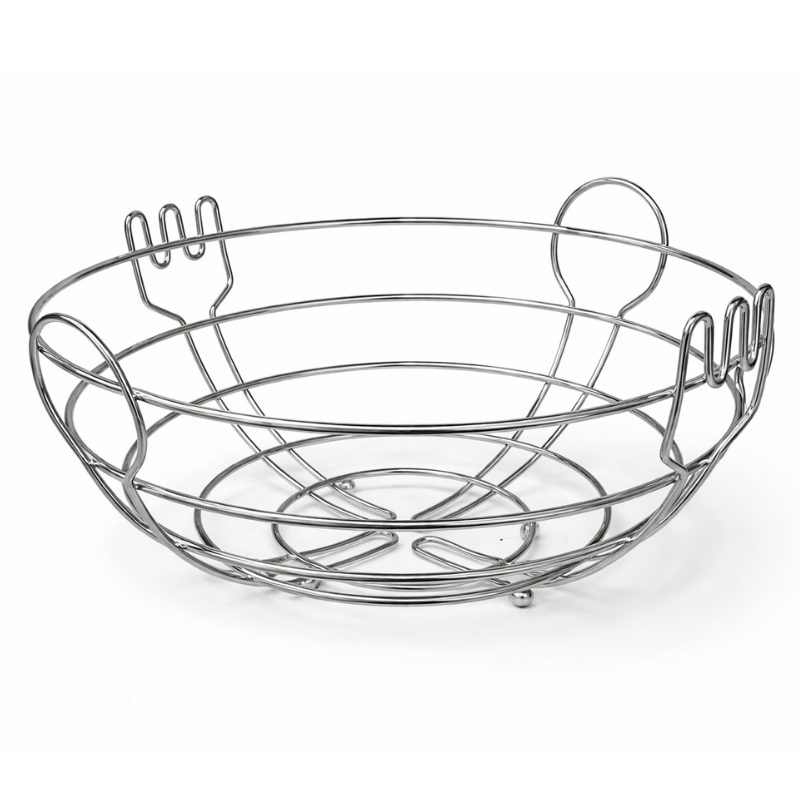 4843CHR Zilveren metalen fruitschaal met open draad design en ronde vorm