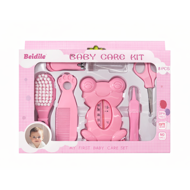 6751455131 Beidile babyverzorgingsset 8 stuks roze en blauw met borstel kam en nagelverzorging