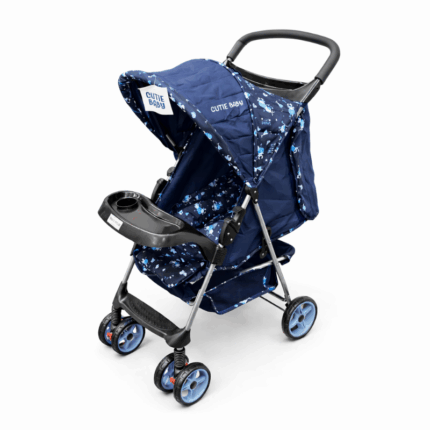 Cutie Baby donkerblauwe kinderwagen met zonnekap, bekerhouder en opbergmand