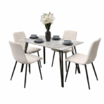 Rechthoekige eettafel met marmerlook blad en 4 off-white stoelen met zwart metalen poten