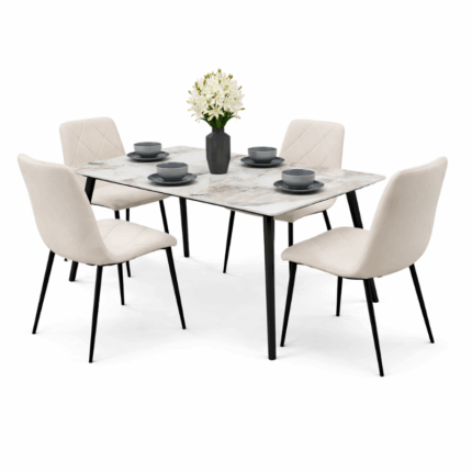 Rechthoekige eettafel met marmerlook blad en 4 off-white stoelen met zwart metalen poten