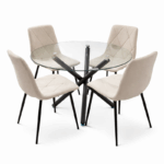 Ronde glazen eettafel met 4 beige stoelen en zwart metalen onderstel in modern design