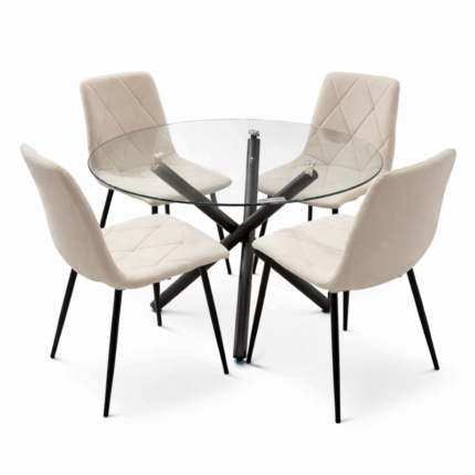 Ronde glazen eettafel met 4 beige stoelen en zwart metalen onderstel in modern design
