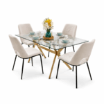 Rechthoekige eettafel met marmerlook blad en 4 off-white stoelen met zwart metalen poten
