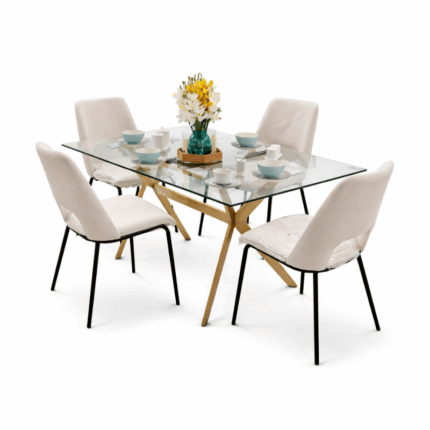 Rechthoekige eettafel met marmerlook blad en 4 off-white stoelen met zwart metalen poten