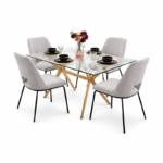 Rechthoekige glazen eettafel met 4 grijze stoelen en modern onderstel