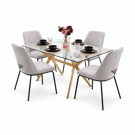 Rechthoekige glazen eettafel met 4 grijze stoelen en modern onderstel