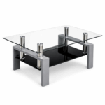 Zwarte salontafel met glazen blad en metalen poten, modern design met onderplank