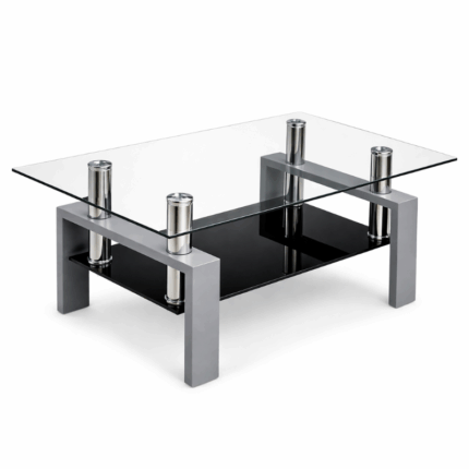 Zwarte salontafel met glazen blad en metalen poten, modern design met onderplank