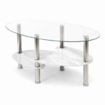 Glazen salontafel met wit onderblad en metalen poten, moderne woonkamer coffee table met glazen bovenblad.