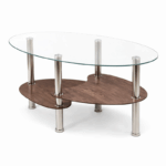 Glazen salontafel met bruin onderblad en metalen poten, moderne woonkamer coffee table met glazen bovenblad