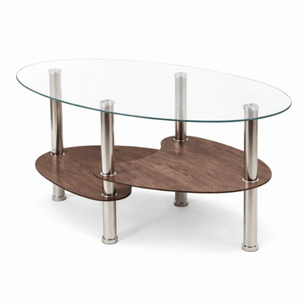 Glazen salontafel met bruin onderblad en metalen poten, moderne woonkamer coffee table met glazen bovenblad