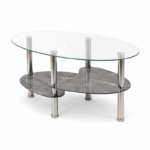 Moderne glazen salontafel met grijs onderblad en metalen poten