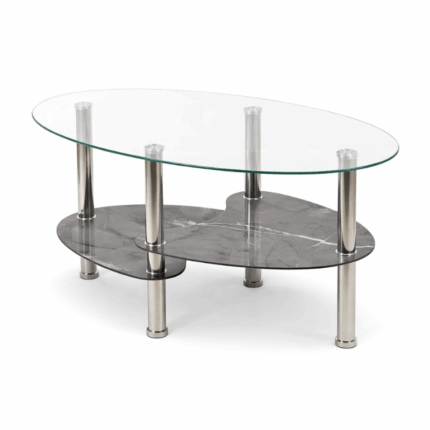 Moderne glazen salontafel met grijs onderblad en metalen poten