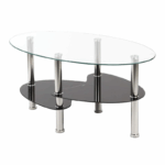 Glazen salontafel met zwart onderblad en metalen poten, moderne woonkamer coffee table met glazen bovenblad