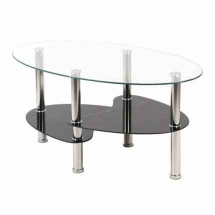 Glazen salontafel met zwart onderblad en metalen poten, moderne woonkamer coffee table met glazen bovenblad