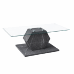 Glazen salontafel met zeshoekige grijs marmerlook basis