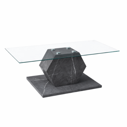 Glazen salontafel met zeshoekige grijs marmerlook basis