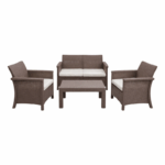 4-delige chocolate bruine wicker tuinset met tweezitsbank, twee stoelen en tafel met lichte kussens.