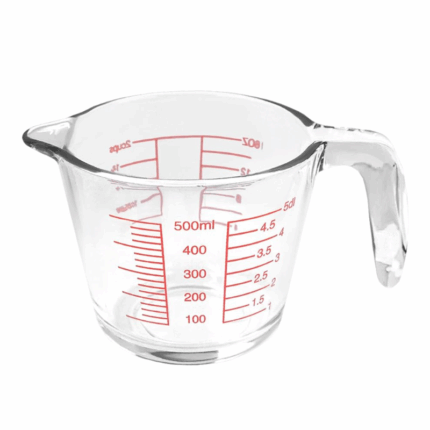 Glazen maatbeker 500 ml met schenktuit en rode maataanduiding voor keuken gebruik.